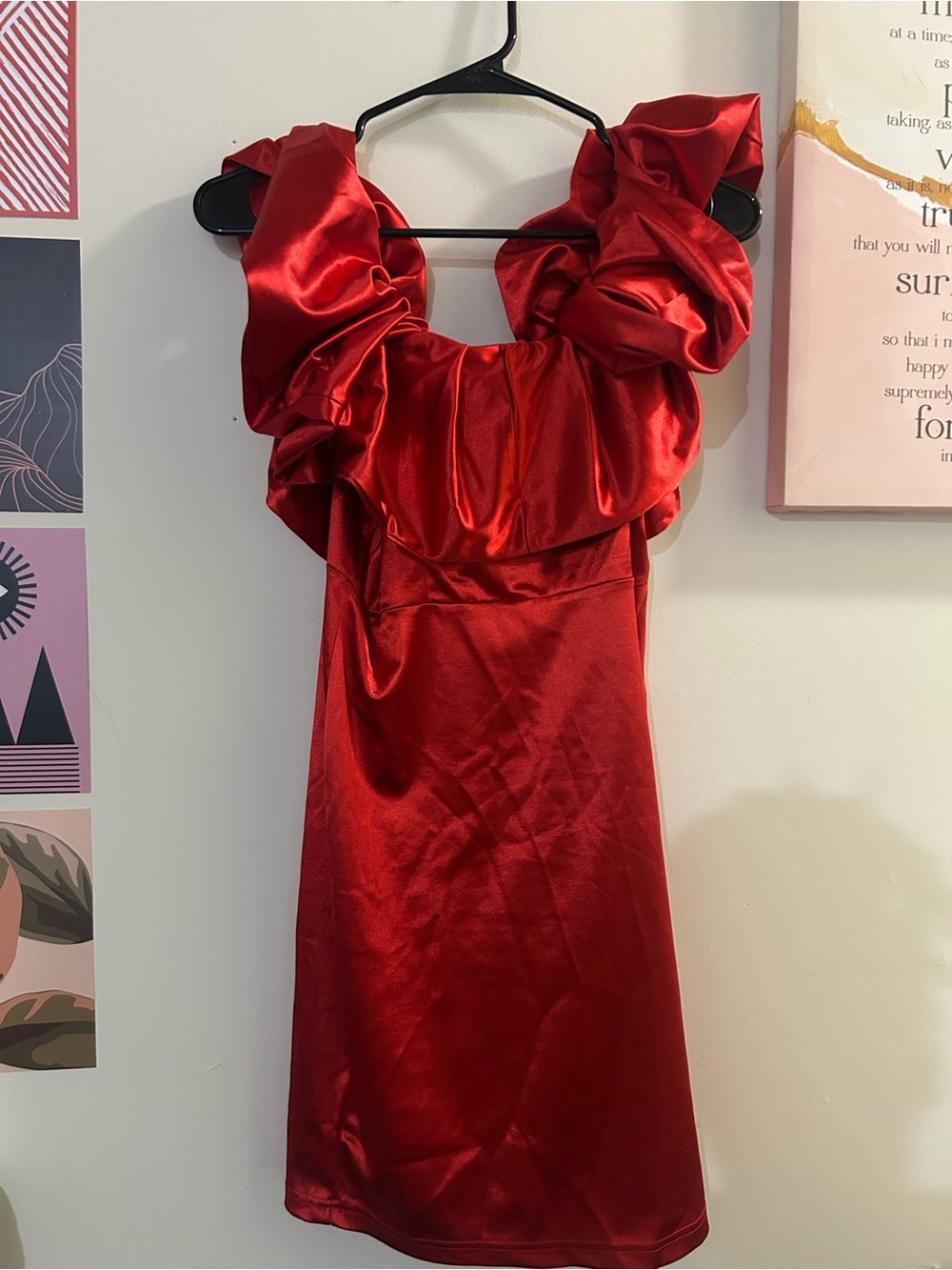SHEIN Red Satin Ruffle Shoulder Cocktail Dress
